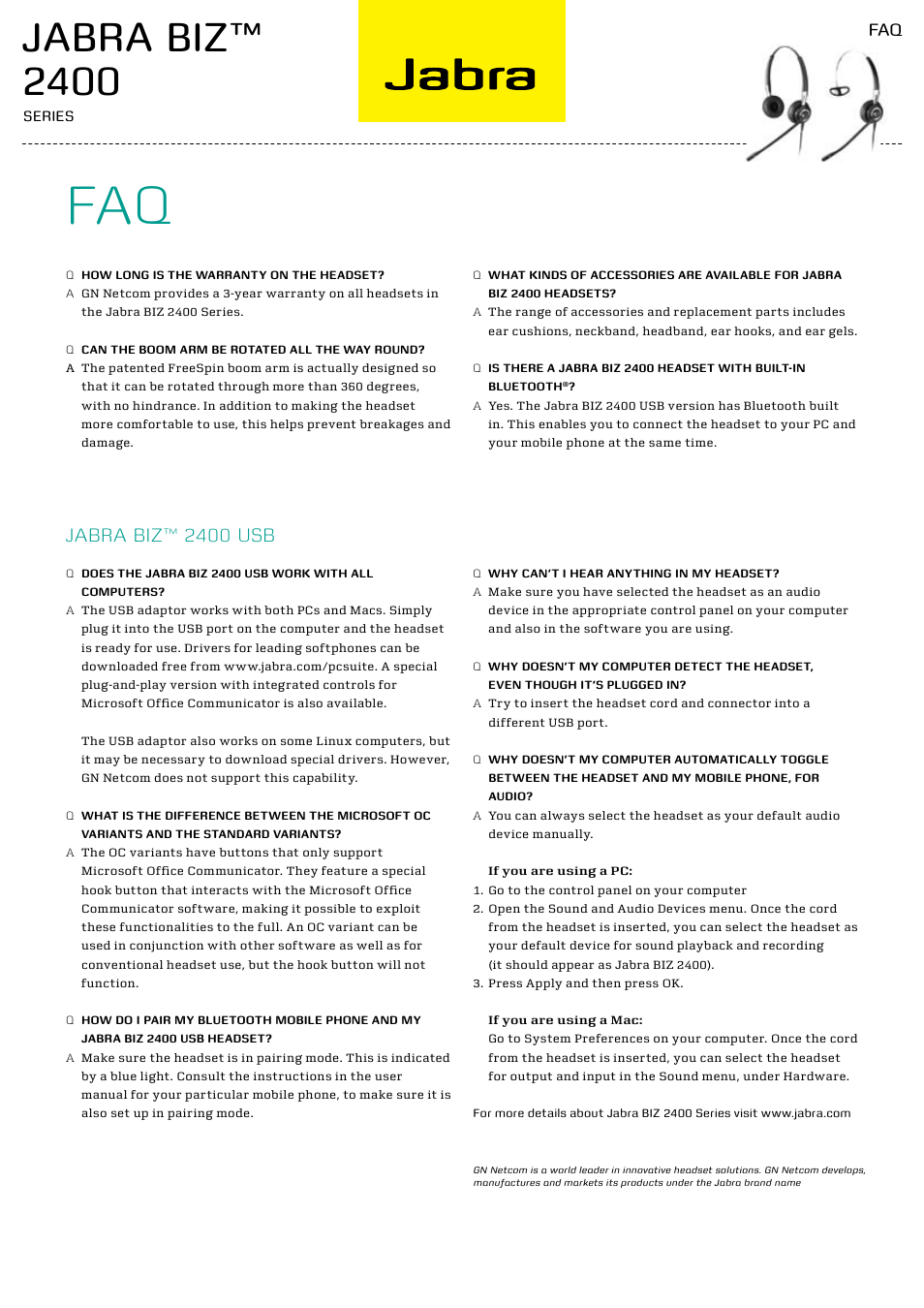 Jabra biz™ 2400, Jabra biz™ 2400 usb | Jabra BIZ 2400 Series User Manual | Page 2 / 2