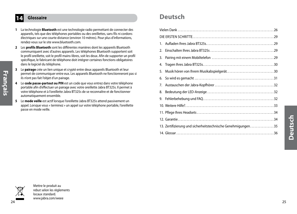 Fr an ça is, Deu ts ch, Deutsch | Jabra BT325s User Manual | Page 15 / 75