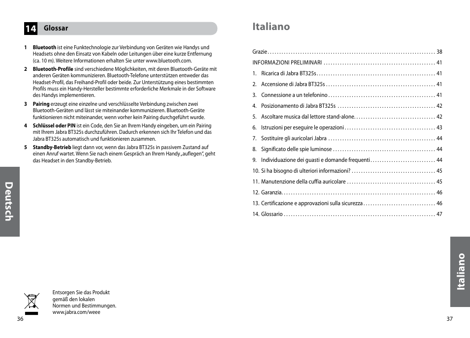 Deu ts ch, It al ia no italiano | Jabra BT325s User Manual | Page 21 / 75