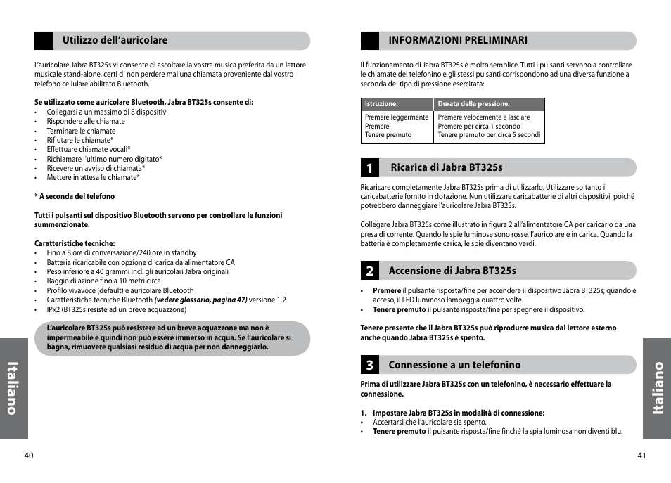 Ita lia no, It al ia no | Jabra BT325s User Manual | Page 23 / 75