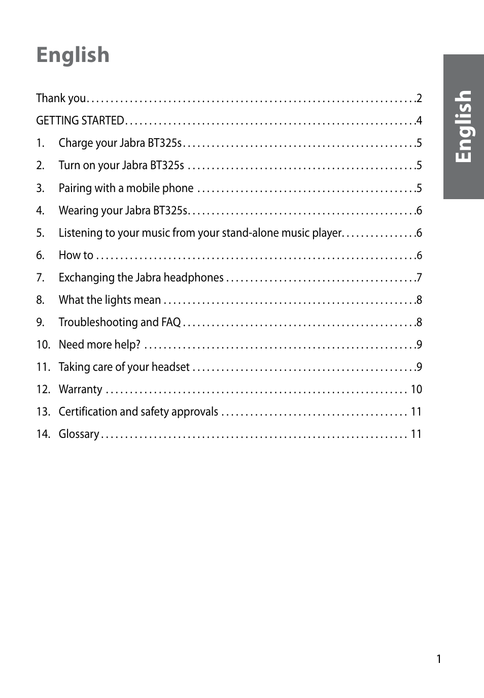 En gl is h english | Jabra BT325s User Manual | Page 3 / 75