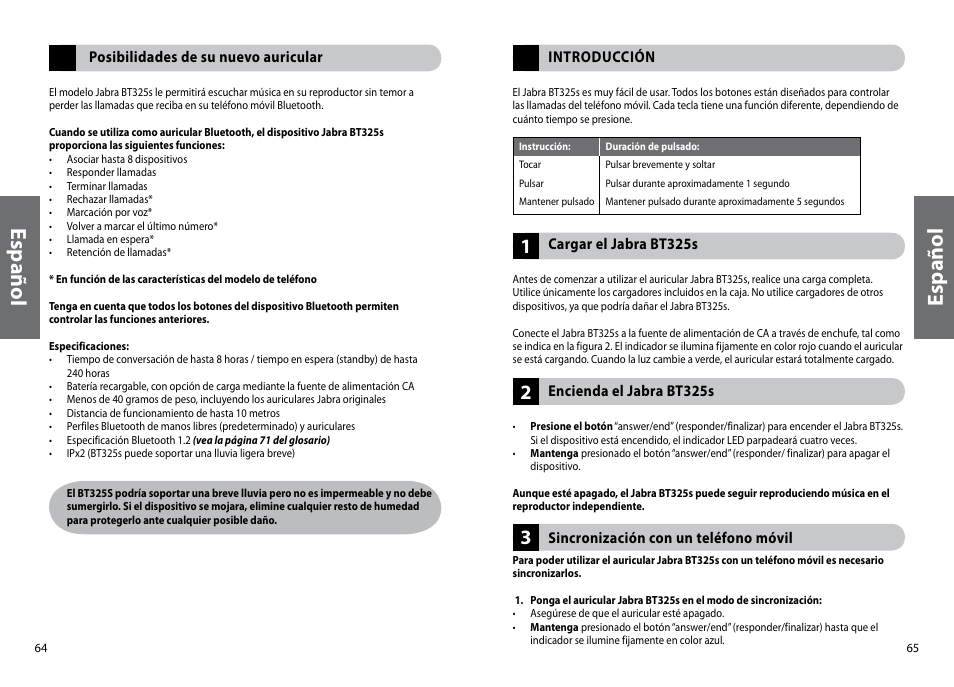 Es pa ño l | Jabra BT325s User Manual | Page 35 / 75