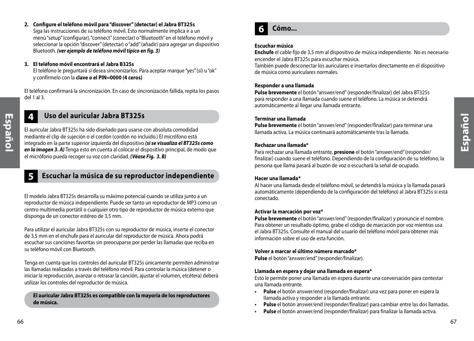 Es pa ño l | Jabra BT325s User Manual | Page 36 / 75