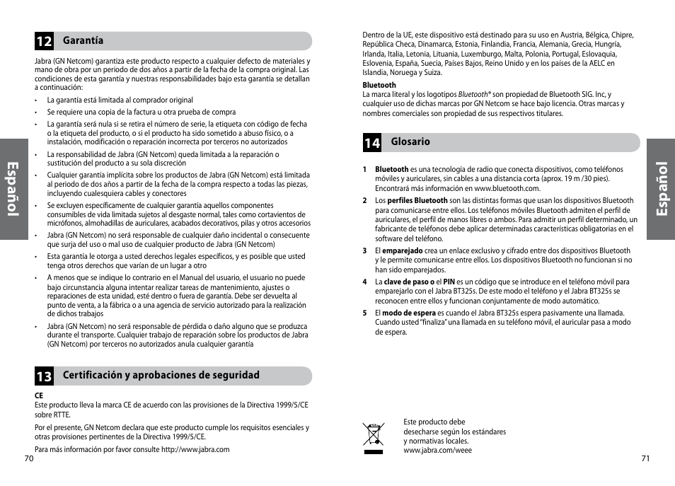 Es pa ño l | Jabra BT325s User Manual | Page 38 / 75