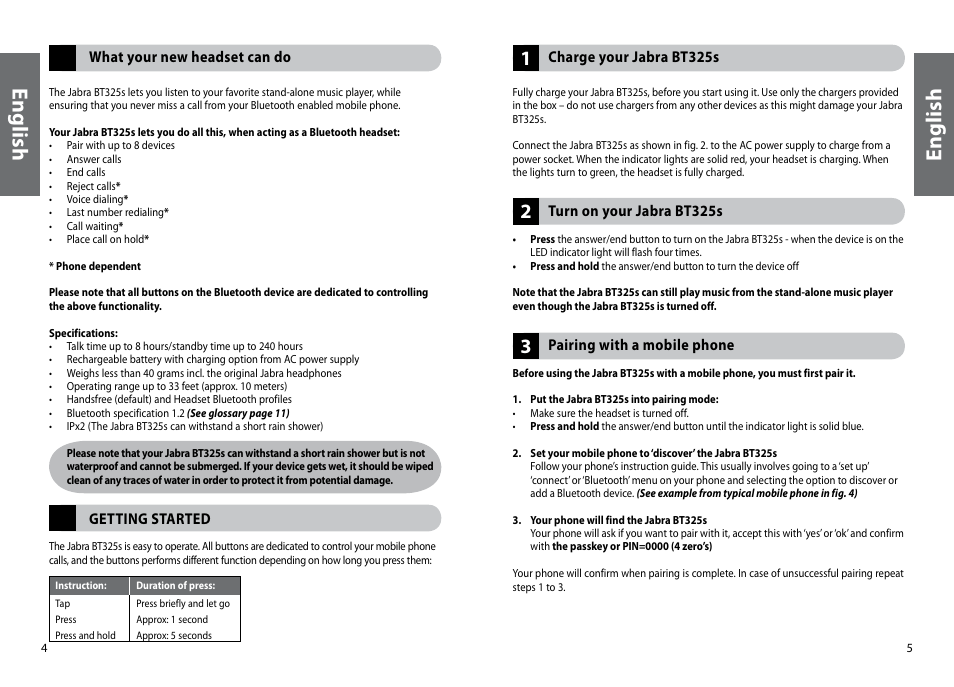 En gli sh, En gl is h | Jabra BT325s User Manual | Page 5 / 75