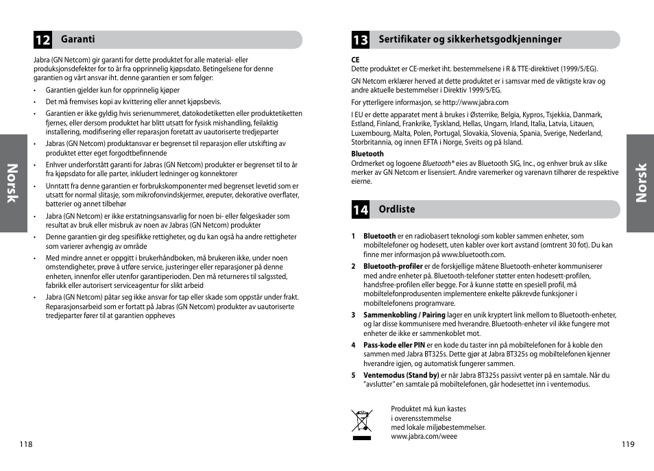 Nor sk | Jabra BT325s User Manual | Page 62 / 75