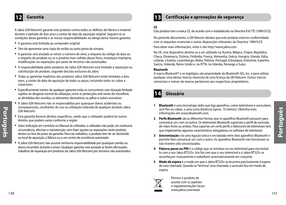 Po rtu gu ês, Po rt ug uê s | Jabra BT325s User Manual | Page 68 / 75