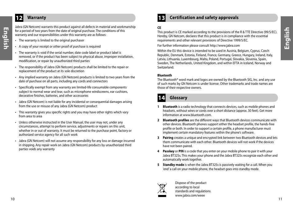 En gli sh, En gl is h | Jabra BT325s User Manual | Page 8 / 75