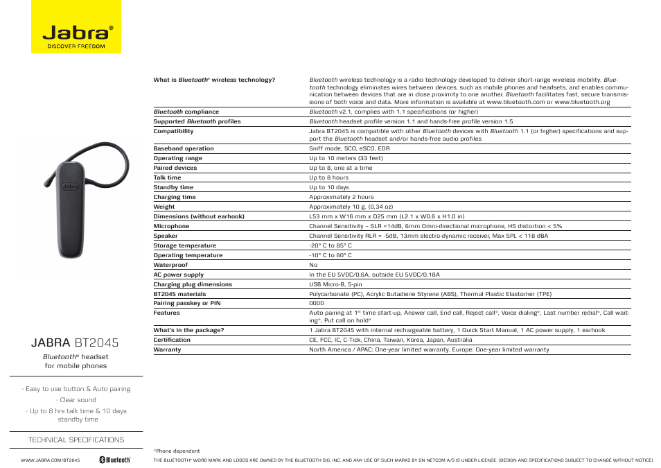 Jabra BLUETOOTH BT2045 User Manual | 1 page