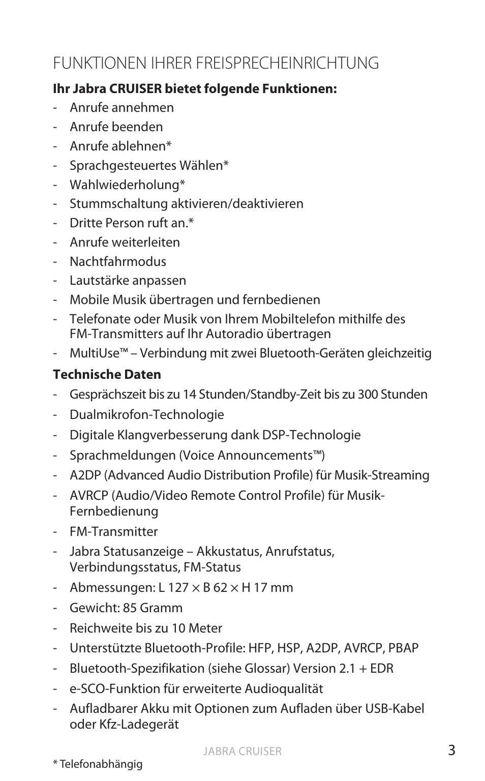 Funktionen ihrer freisprecheinrichtung, Deut sch | Jabra Cruiser User Manual | Page 102 / 491