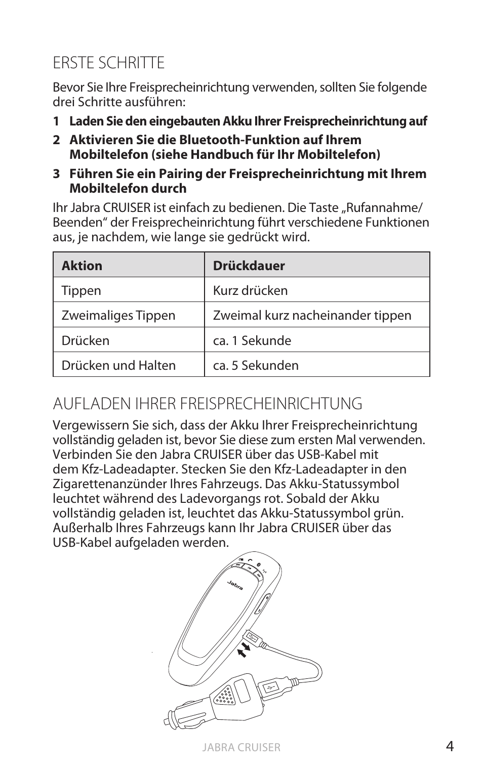 Erste schritte, Aufladen ihrer freisprecheinrichtung, Deut sch | Jabra Cruiser User Manual | Page 103 / 491
