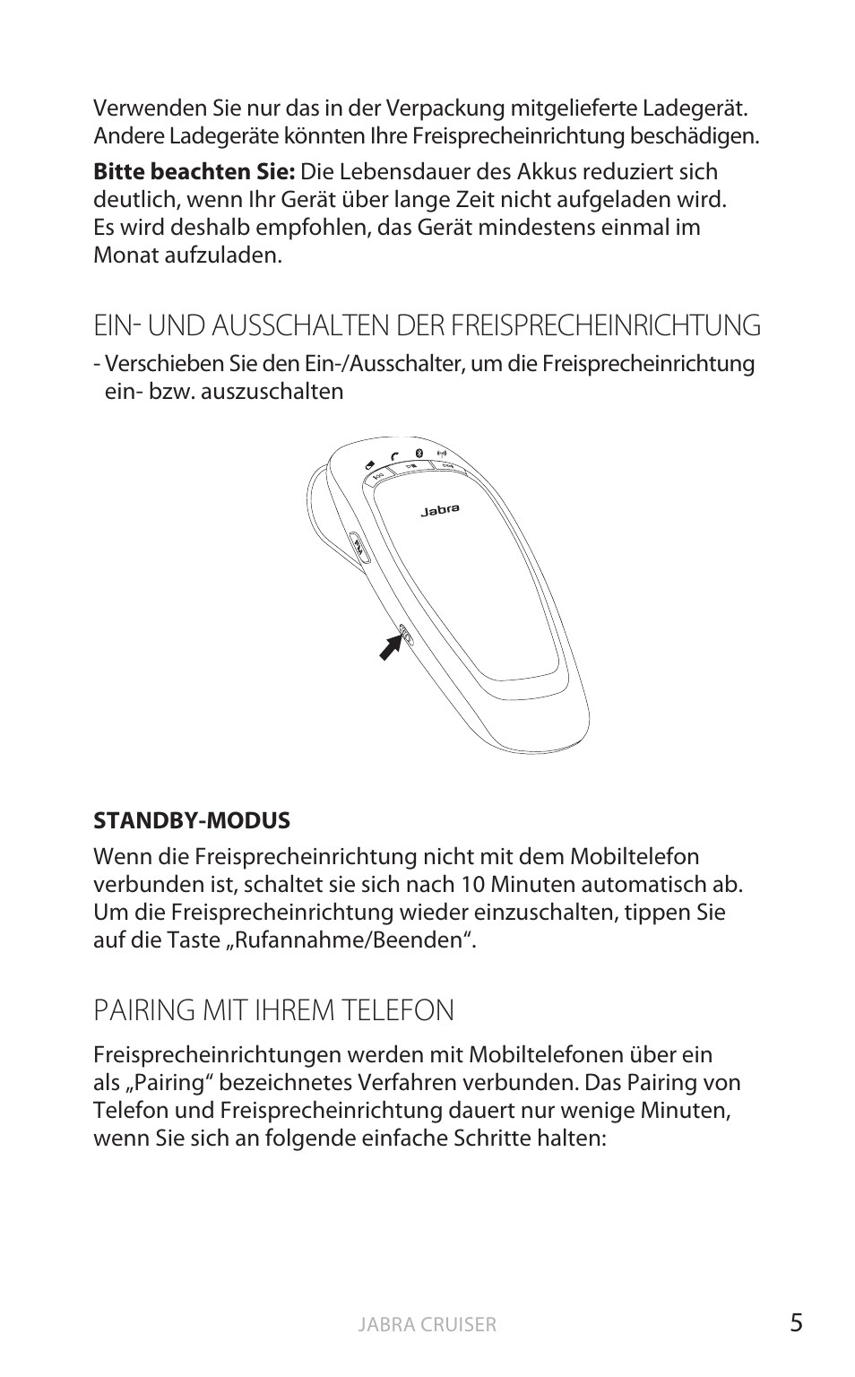 Ein- und ausschalten der freisprecheinrichtung, Pairing mit ihrem telefon, Deut sch | Jabra Cruiser User Manual | Page 104 / 491