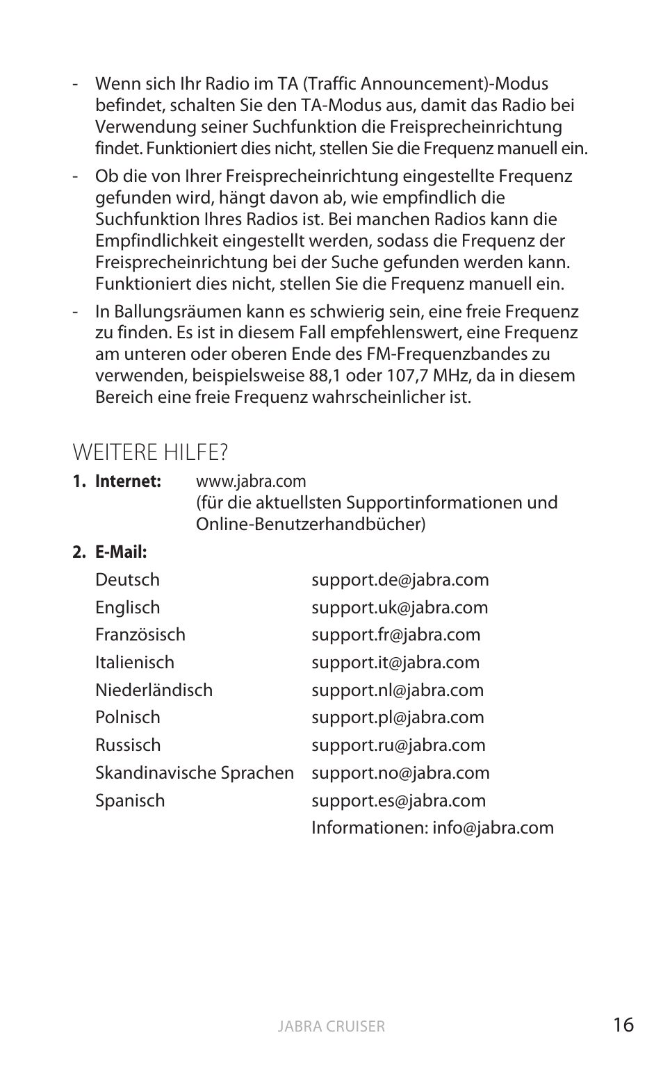 Weitere hilfe, Deut sch | Jabra Cruiser User Manual | Page 115 / 491
