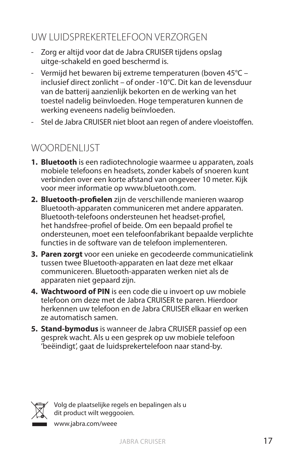 Uw luidsprekertelefoon verzorgen, Woordenlijst, Nederl a n ds | Jabra Cruiser User Manual | Page 171 / 491