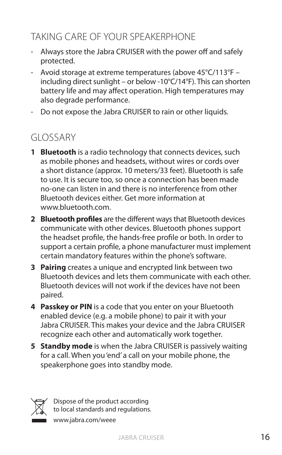 Taking care of your speakerphone, Glossary, English | Jabra Cruiser User Manual | Page 19 / 491