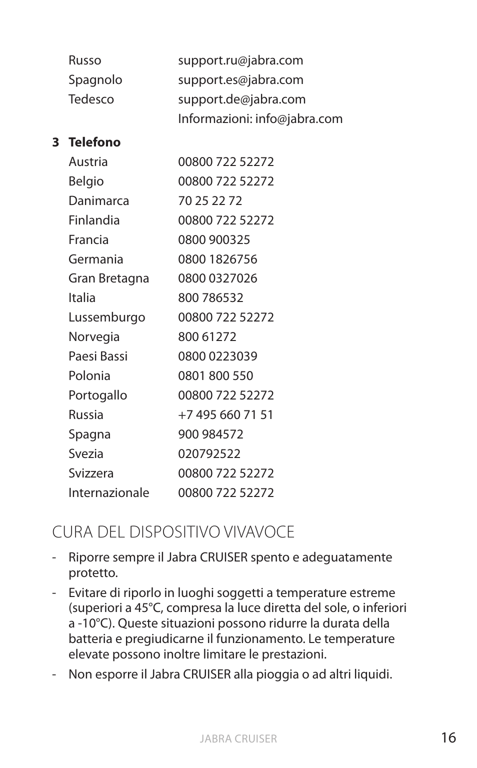 Cura del dispositivo vivavoce, It aliano | Jabra Cruiser User Manual | Page 219 / 491