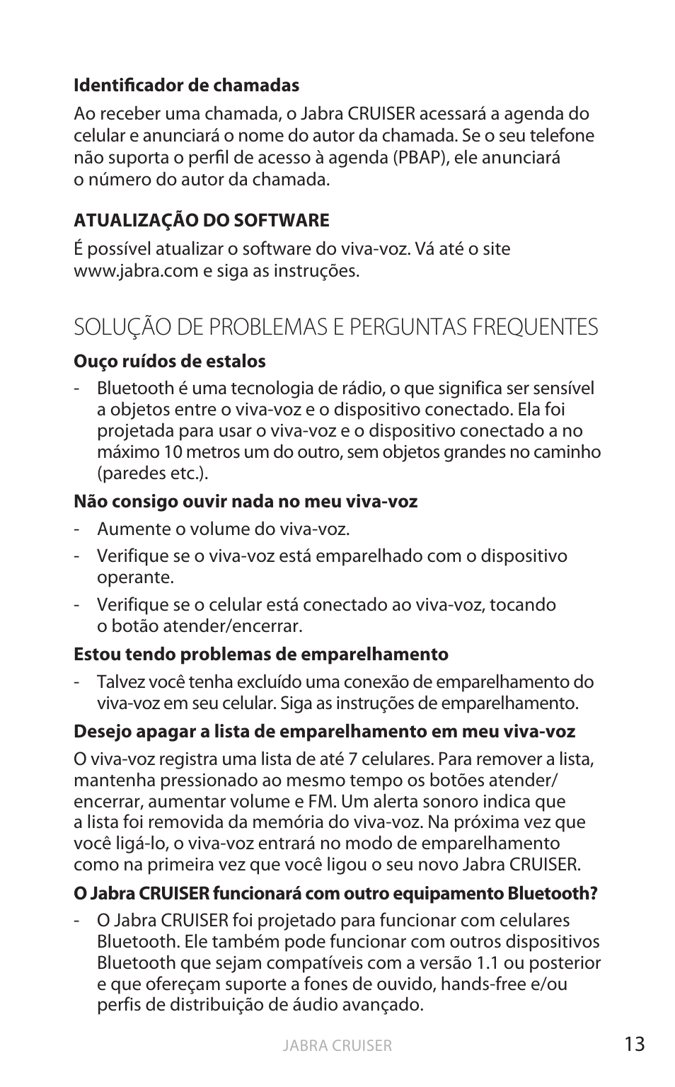 Solução de problemas e perguntas frequentes, Inglês | Jabra Cruiser User Manual | Page 233 / 491