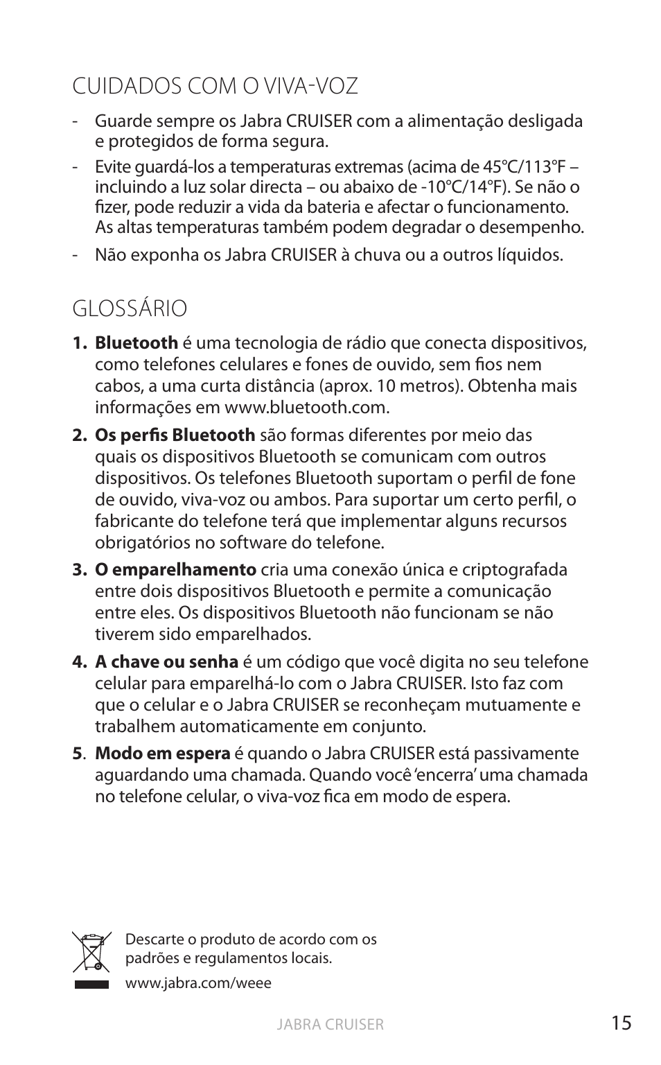 Cuidados com o viva-voz, Glossário, Inglês | Jabra Cruiser User Manual | Page 235 / 491