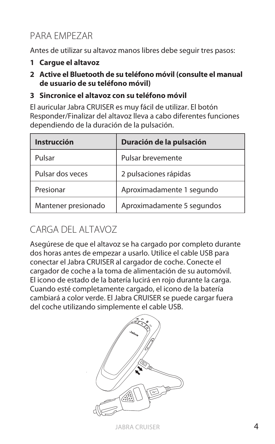 Para empezar, Carga del altavoz, English | Jabra Cruiser User Manual | Page 239 / 491