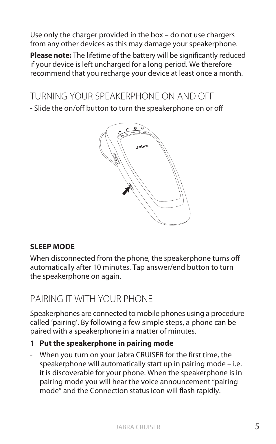 Turning your speakerphone on and off, Pairing it with your phone, English | Jabra Cruiser User Manual | Page 24 / 491