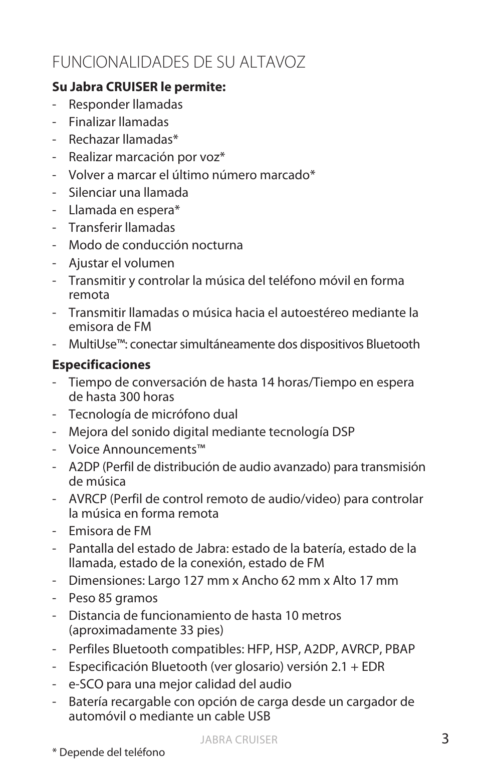 Funcionalidades de su altavoz, Esp añol | Jabra Cruiser User Manual | Page 254 / 491