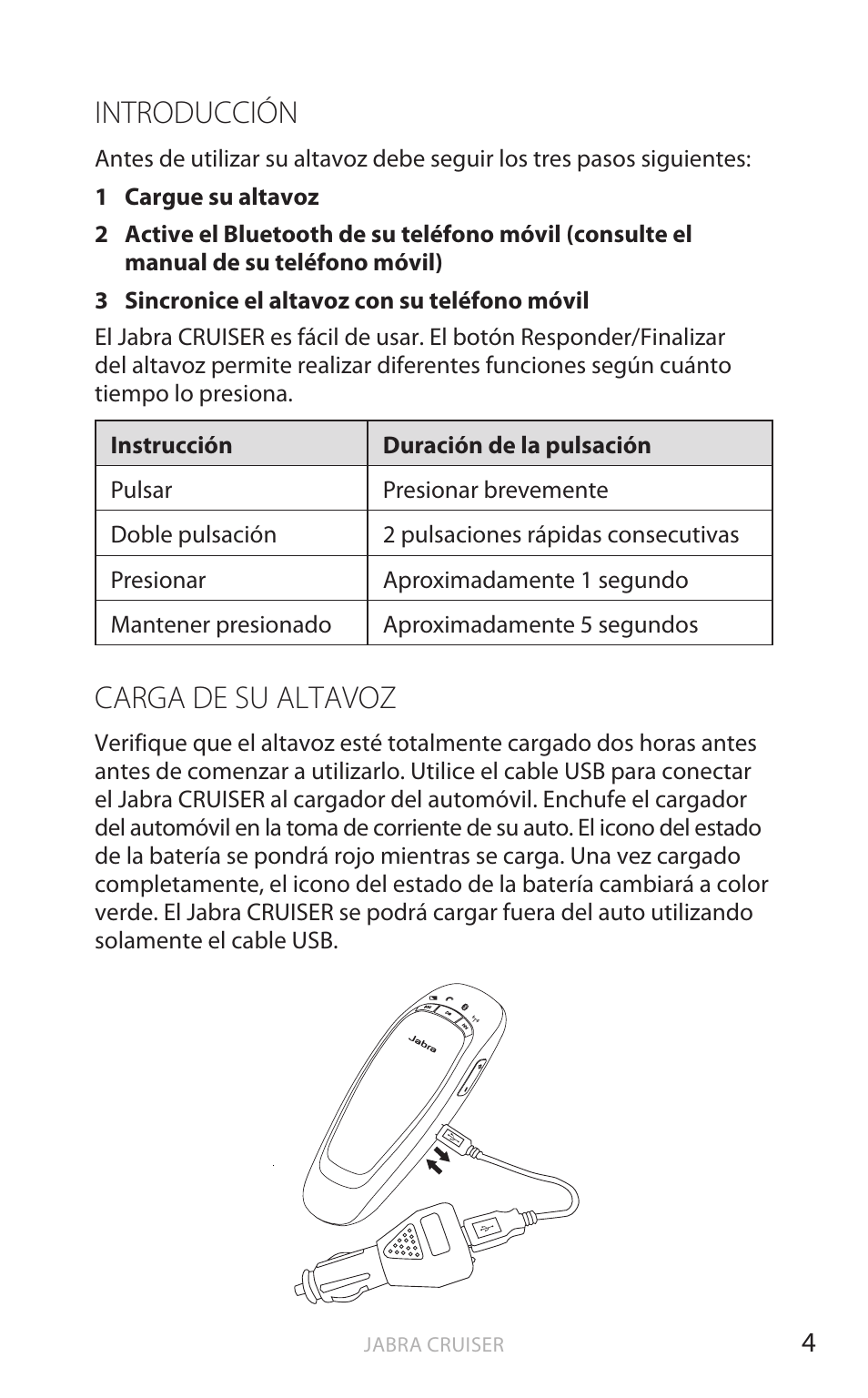 Introducción, Carga de su altavoz, Esp añol | Jabra Cruiser User Manual | Page 255 / 491