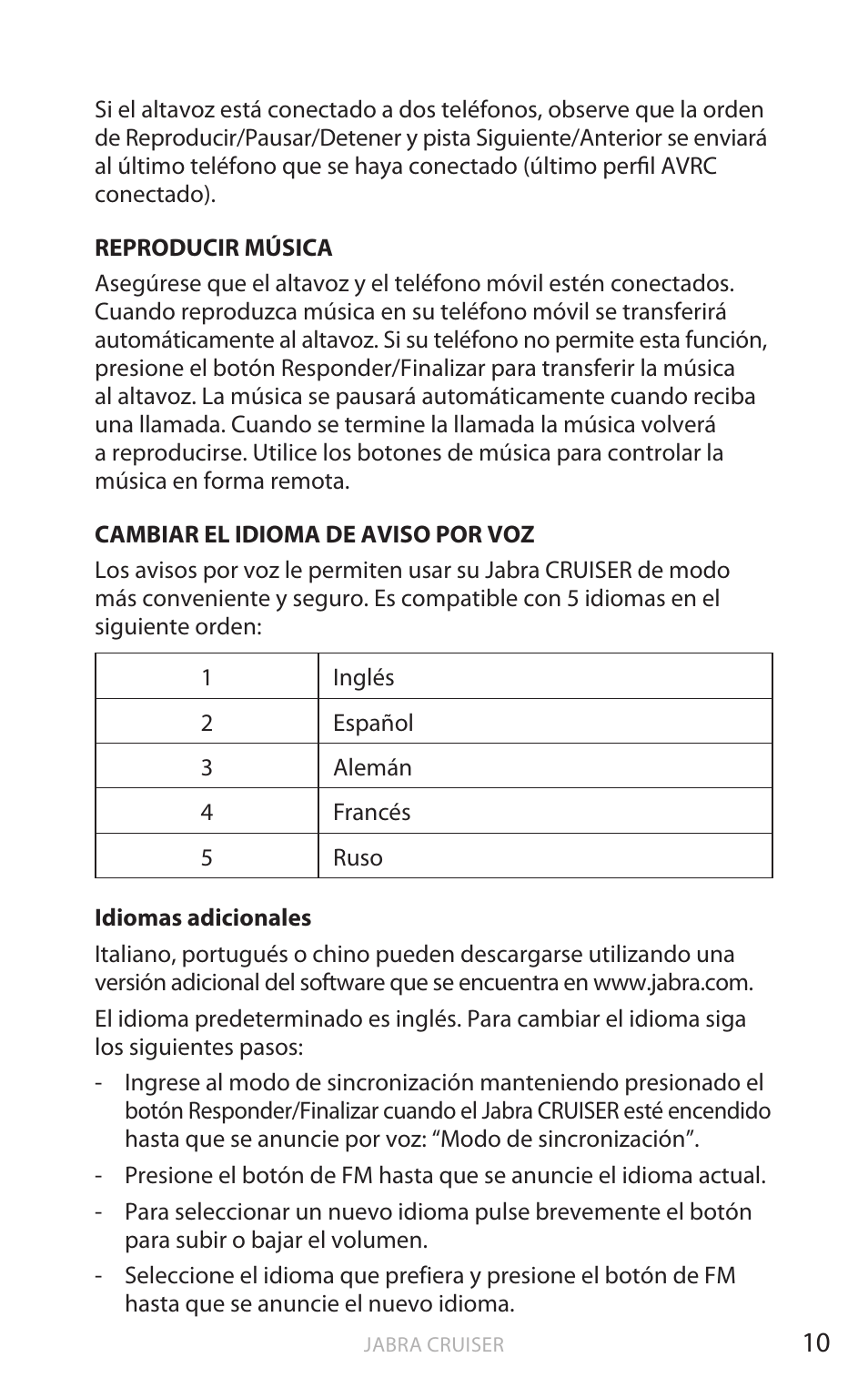 Esp añol | Jabra Cruiser User Manual | Page 261 / 491