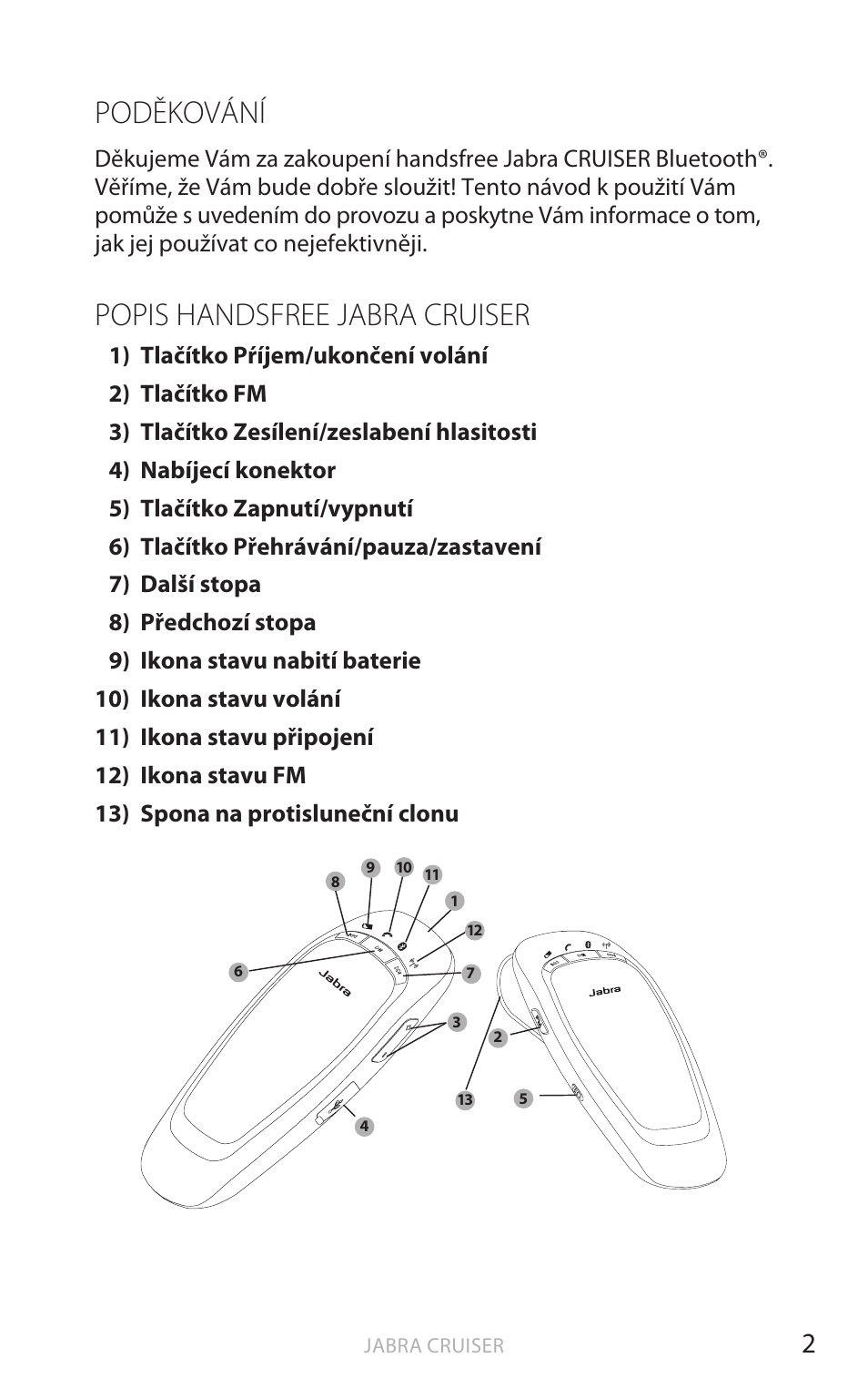 Poděkování, Popis handsfree jabra cruiser, Angič tina | Jabra Cruiser User Manual | Page 269 / 491