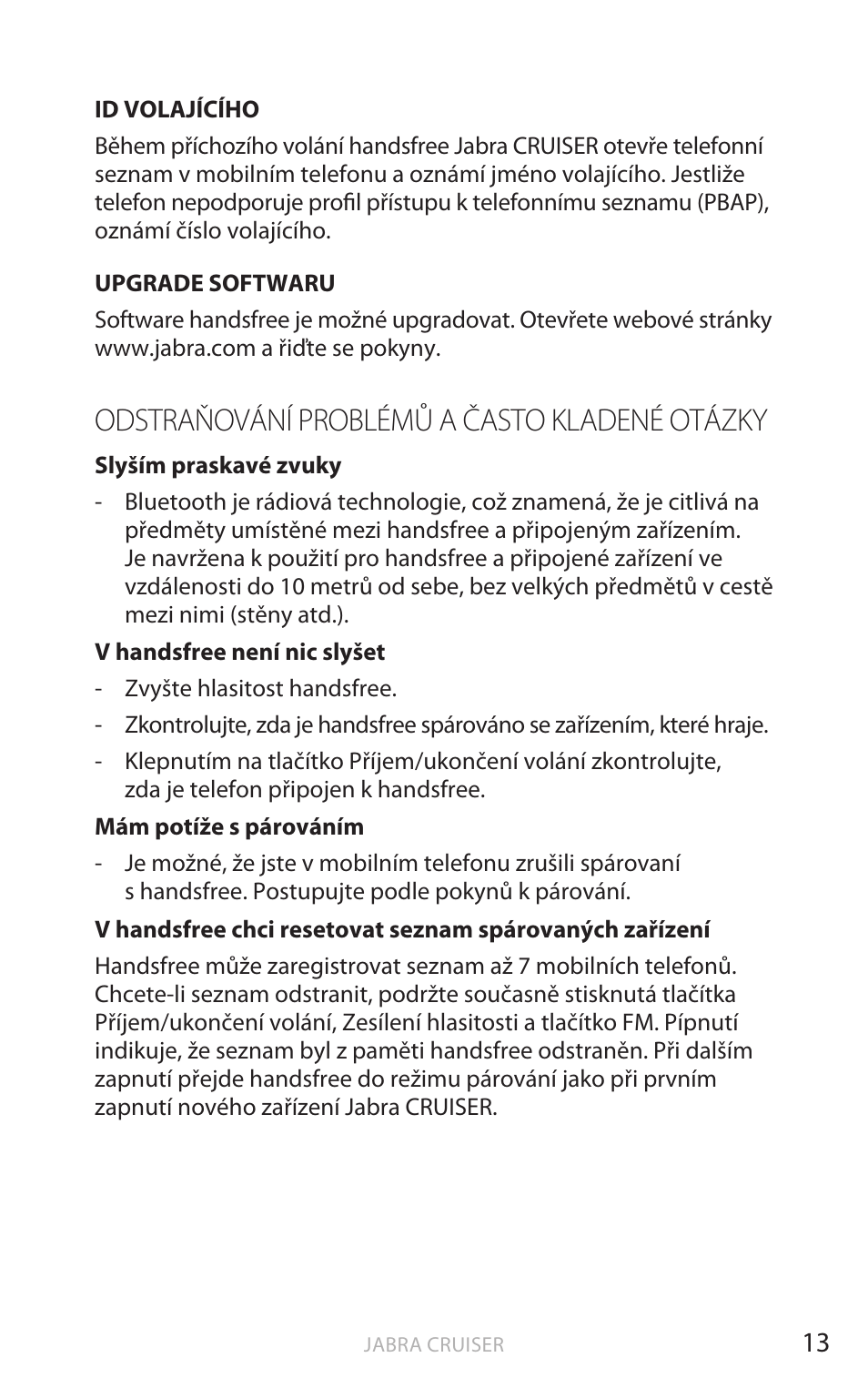 Odstraňování problémů a často kladené otázky, Angič tina | Jabra Cruiser User Manual | Page 280 / 491