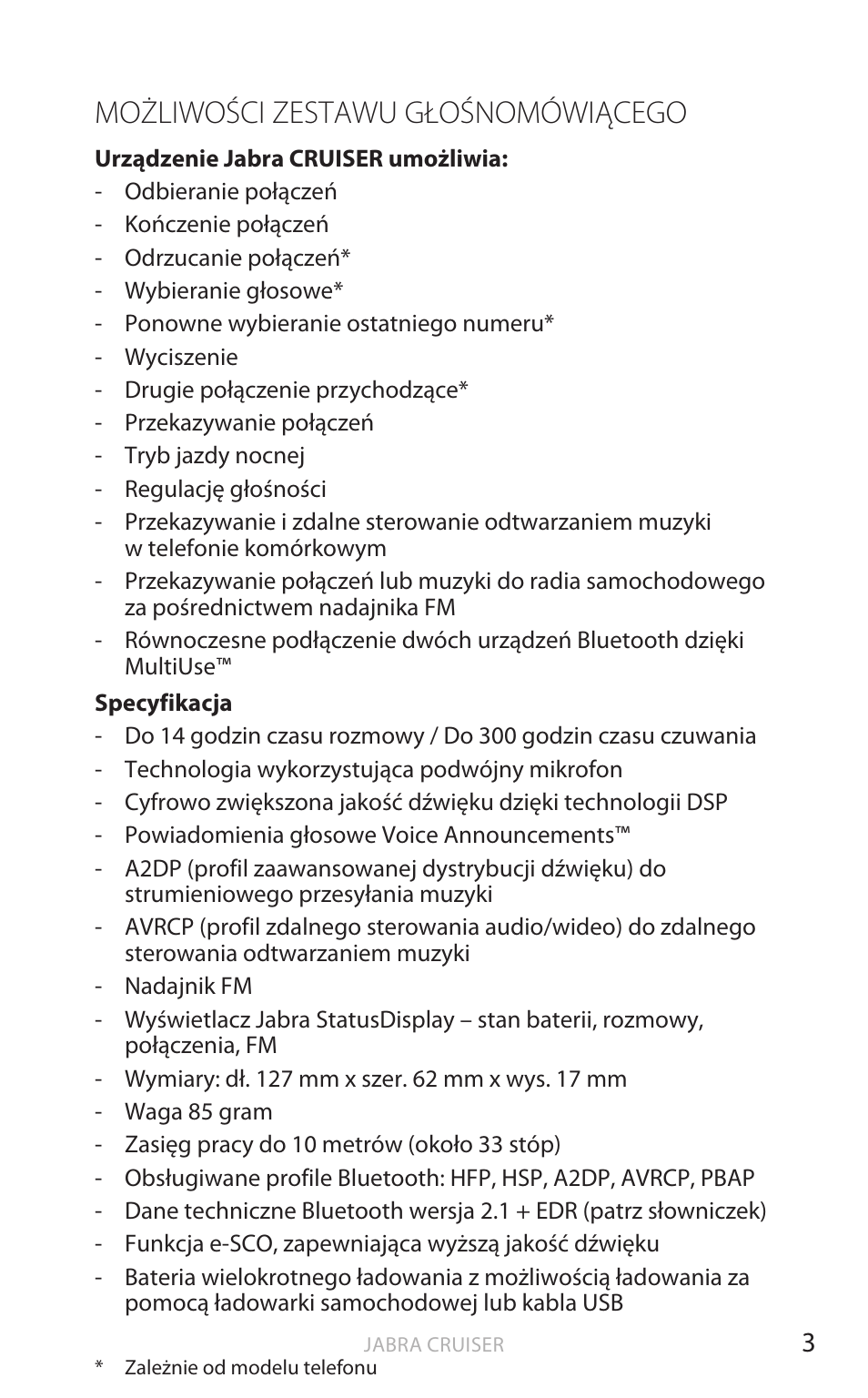 Możliwości zestawu głośnomówiącego, Polski | Jabra Cruiser User Manual | Page 286 / 491