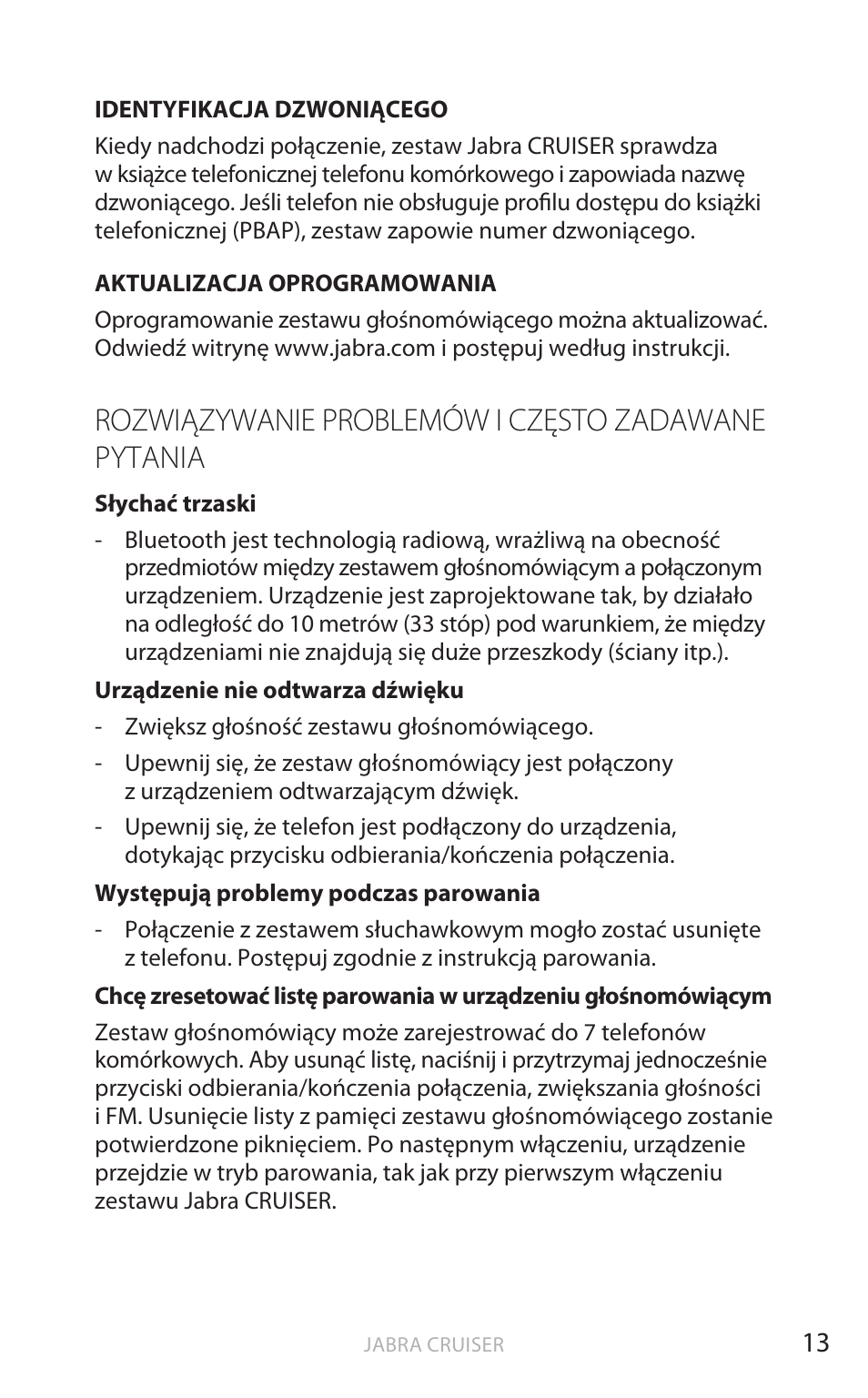 Rozwiązywanie problemów i często zadawane pytania, Polski | Jabra Cruiser User Manual | Page 296 / 491