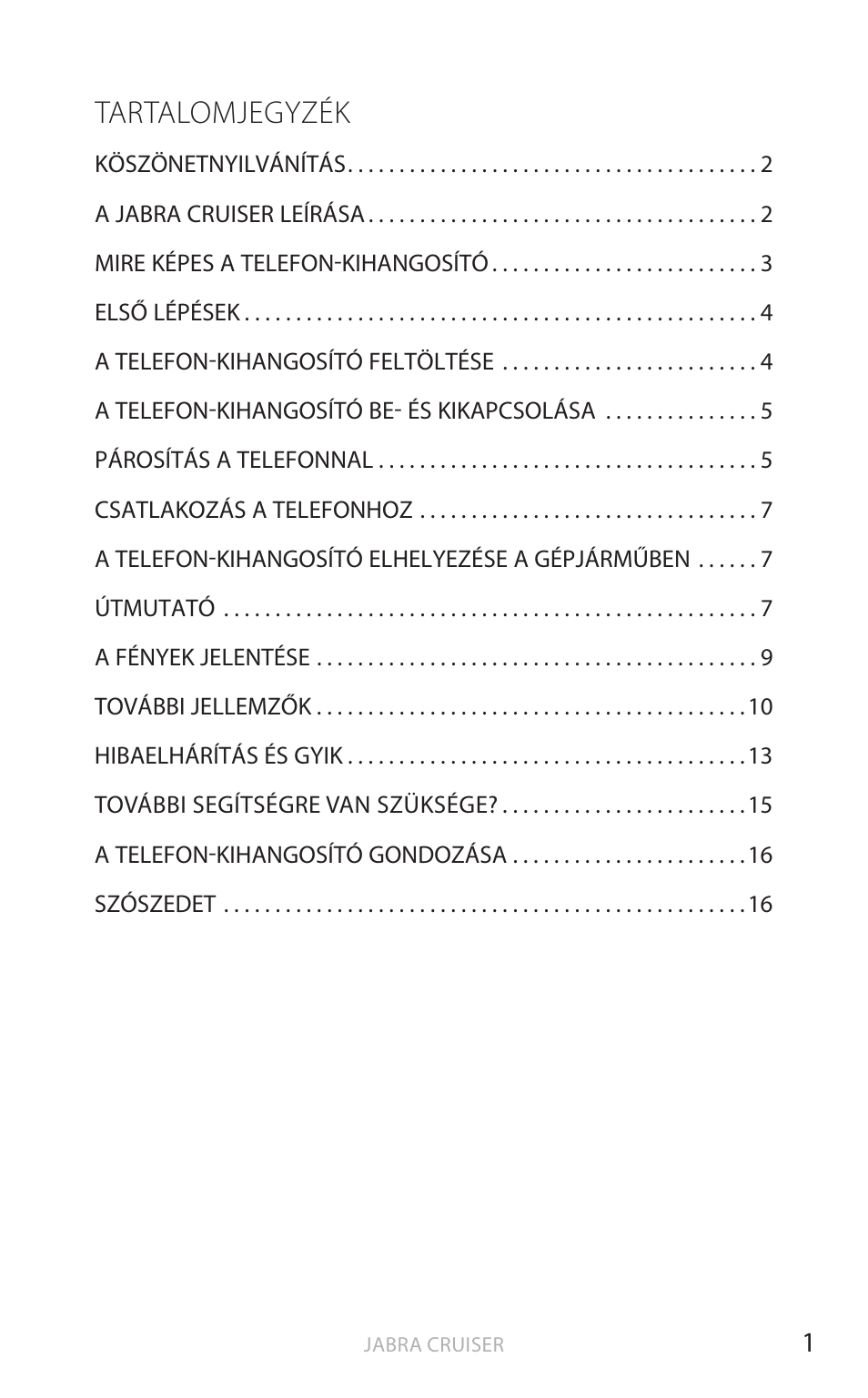 Magyar (kattintson ide a kézikönyvért), Ma gy ar, Tartalomjegyzék | Jabra Cruiser User Manual | Page 334 / 491