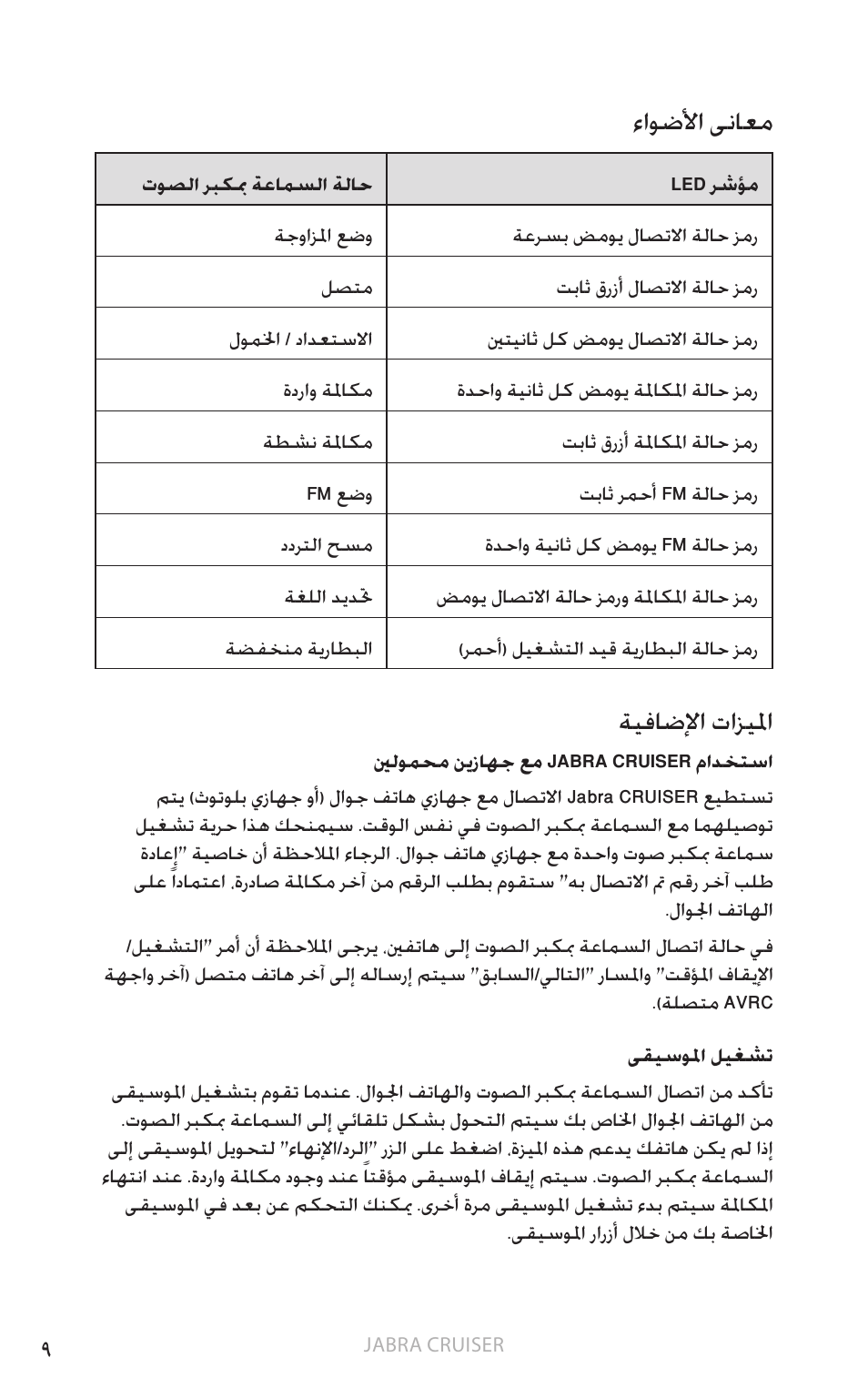 9 ءاوضلأا ىناعم 9 ةيفاضلإا تازيملا, ةي زيلجن لإا, ءاوضلأا ىناعم | ةيفاضلإا تازيلما | Jabra Cruiser User Manual | Page 376 / 491