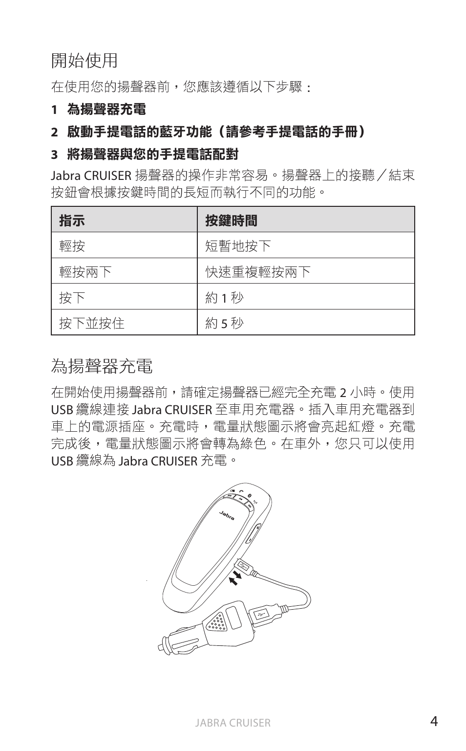 開始使用, 為揚聲器充電, 繁體 中 文 | Jabra Cruiser User Manual | Page 417 / 491