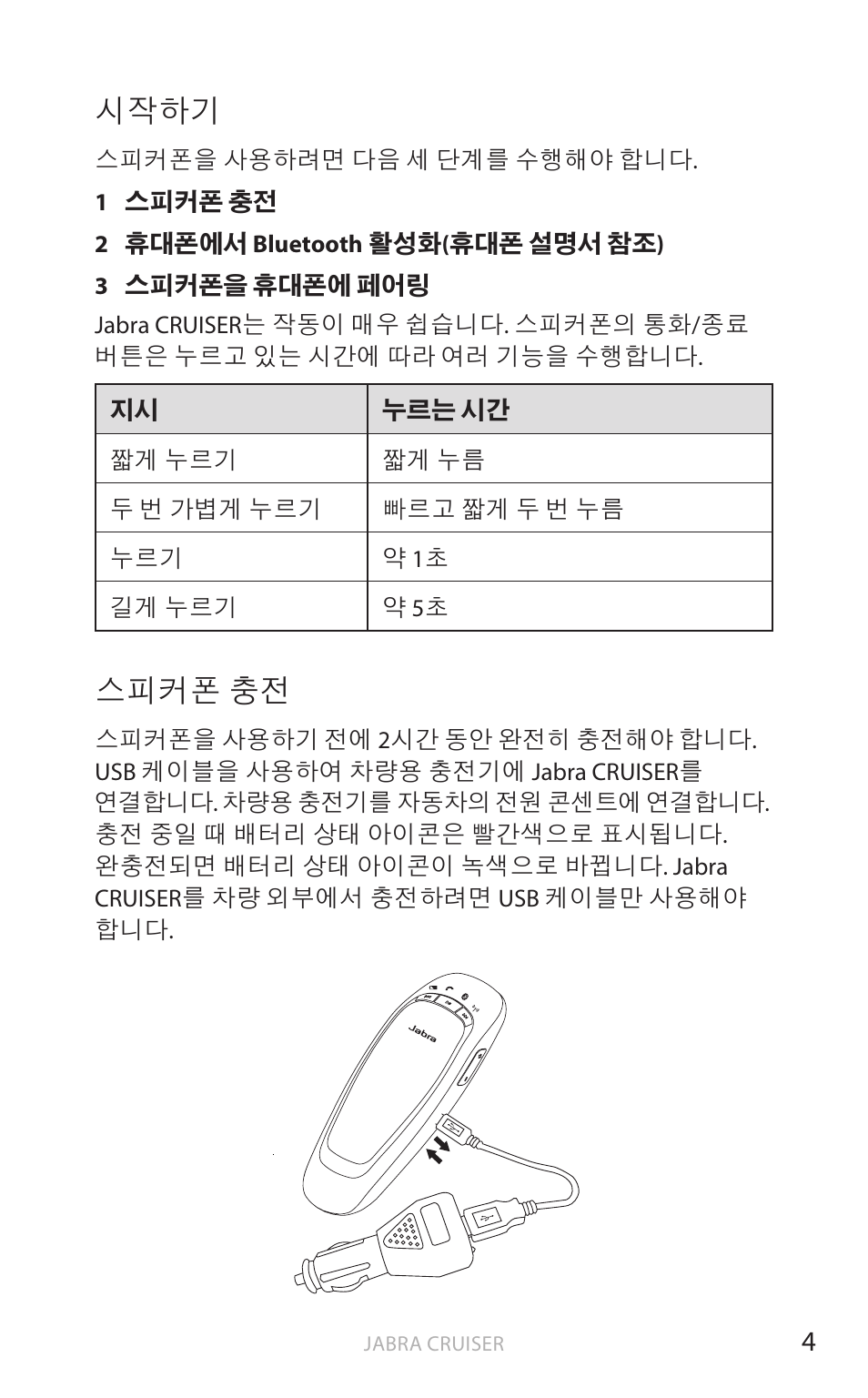시작하기, 스피커폰, 스피커폰 충전 | Jabra Cruiser User Manual | Page 449 / 491