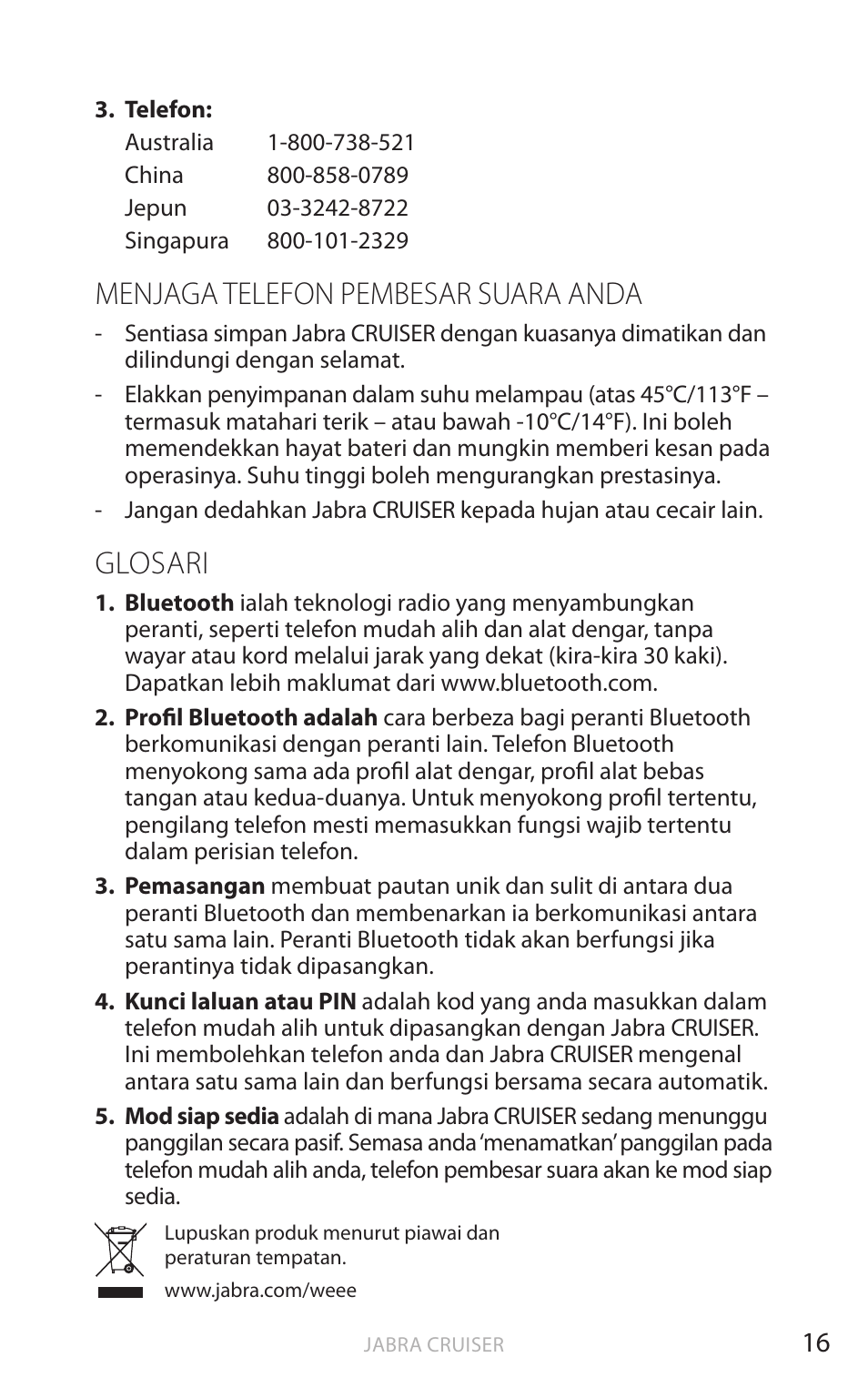 Menjaga telefon pembesar suara anda, Glosari, Bahasa ingger is | Jabra Cruiser User Manual | Page 477 / 491