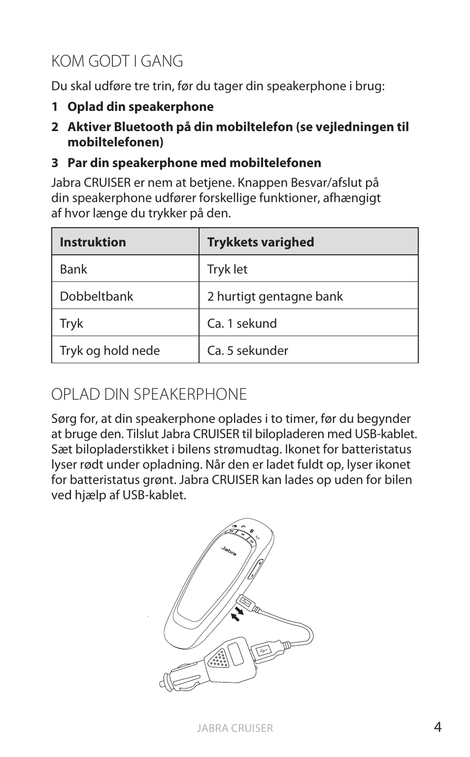 Kom godt i gang, Oplad din speakerphone, Eng elsk | Jabra Cruiser User Manual | Page 54 / 491