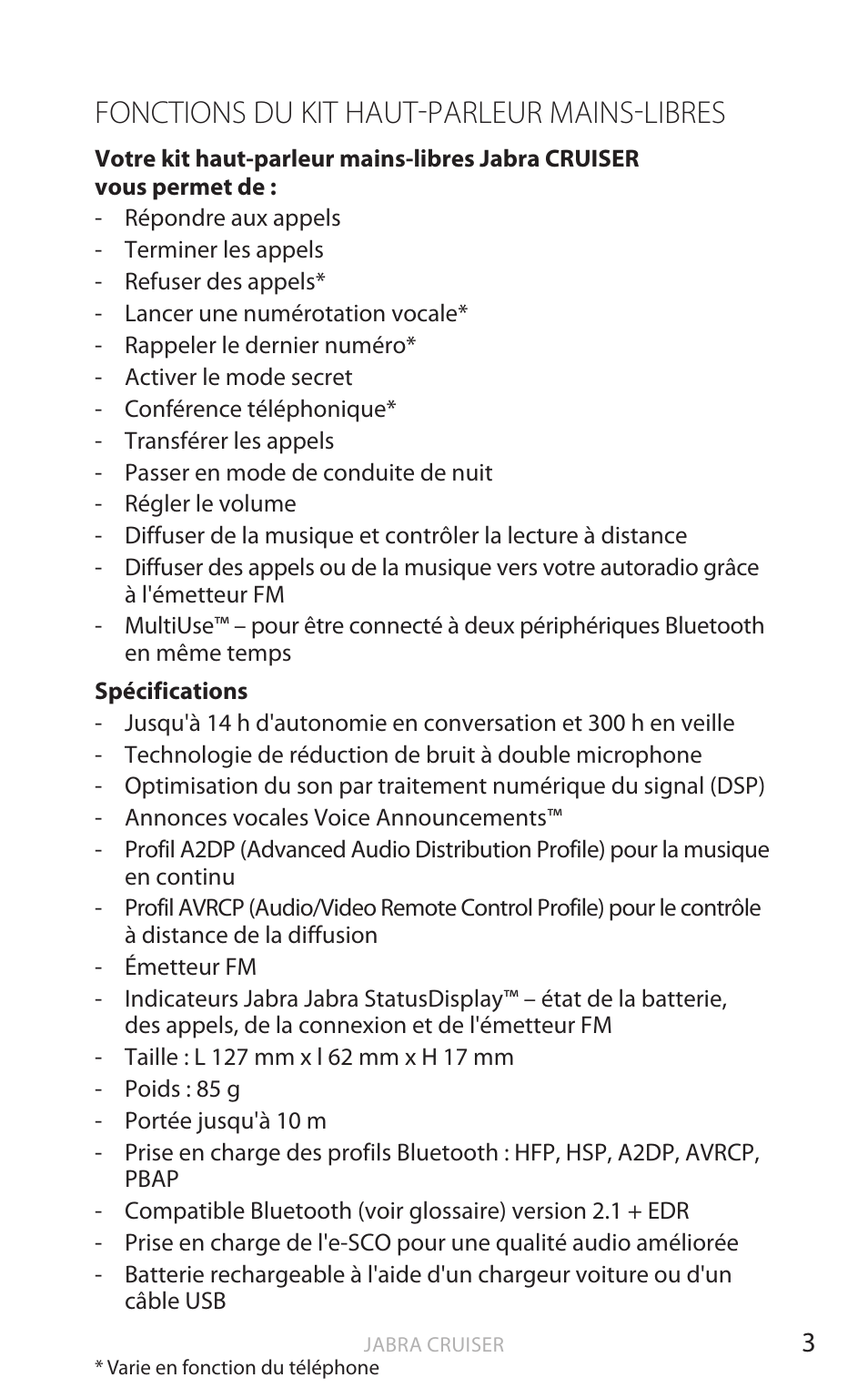 Fonctions du kit haut-parleur mains-libres, Fr anç ais | Jabra Cruiser User Manual | Page 69 / 491