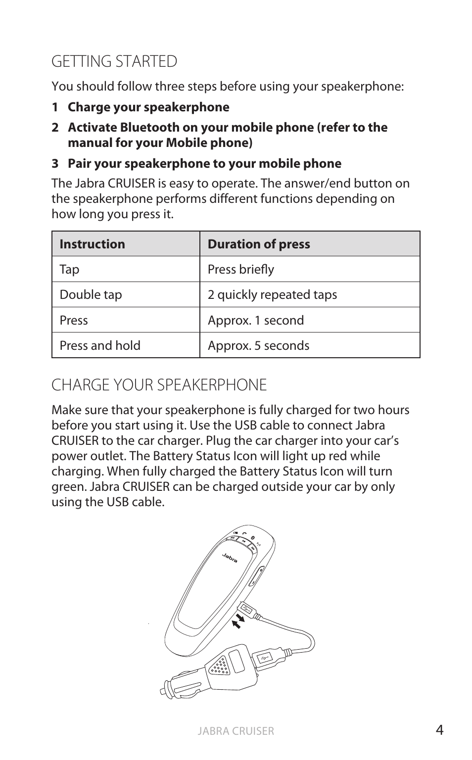 Getting started, Charge your speakerphone, English | Jabra Cruiser User Manual | Page 7 / 491