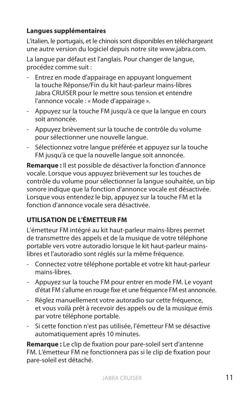 Fr anç ais | Jabra Cruiser User Manual | Page 77 / 491