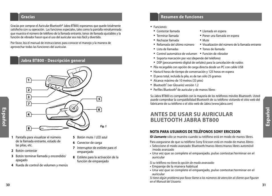 Antes de usar su auricular bluetooth jabra bt800, Es p añ o l | Jabra BT800 User Manual | Page 17 / 23