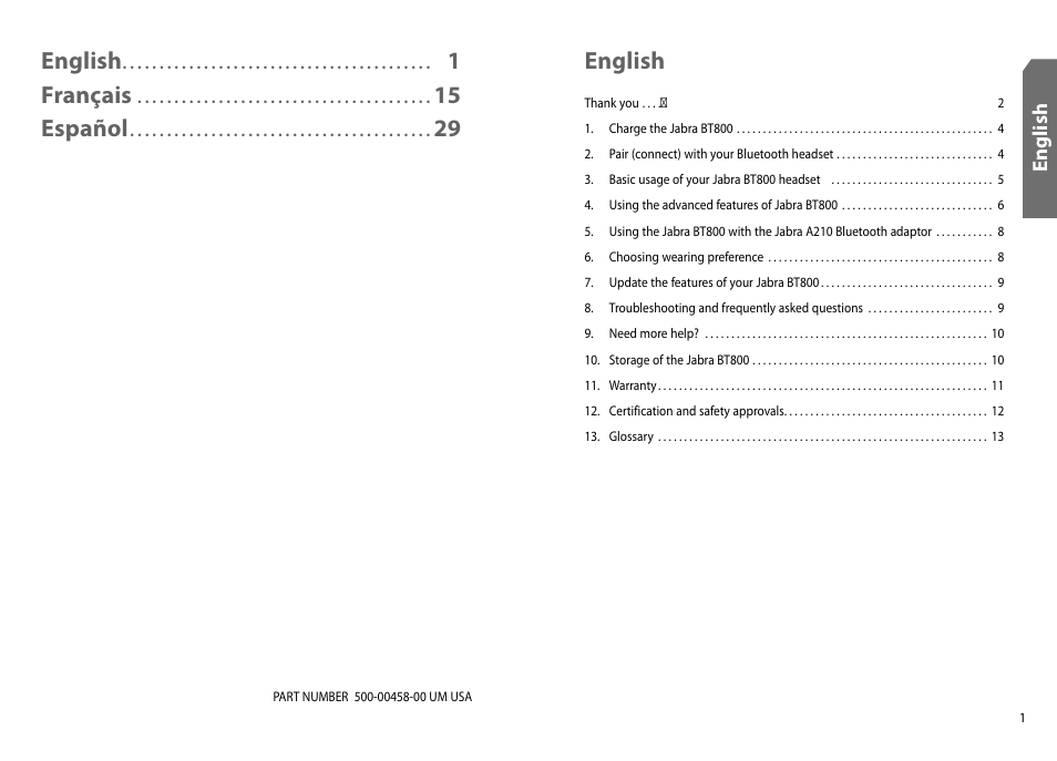 English, 1français, 15 español | Jabra BT800 User Manual | Page 2 / 23