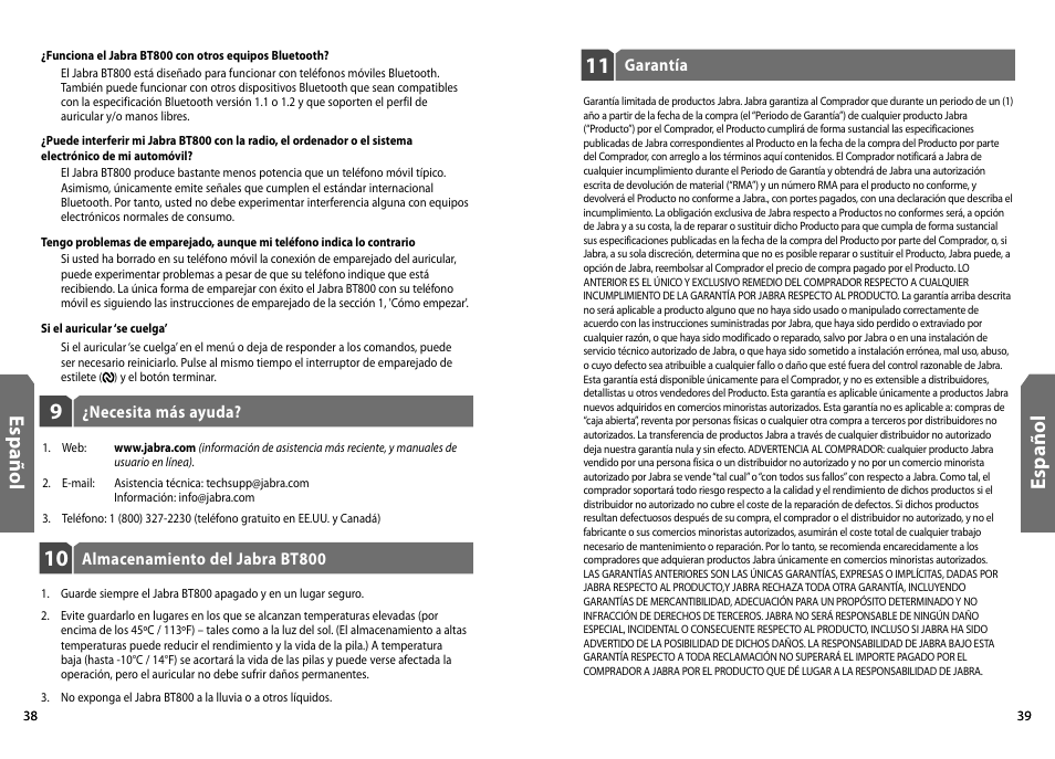 Es p añ o l | Jabra BT800 User Manual | Page 21 / 23