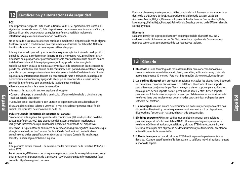 Es p añ o l | Jabra BT800 User Manual | Page 22 / 23