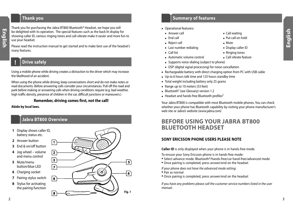 Before using your jabra bt800 bluetooth headset, En g lis h | Jabra BT800 User Manual | Page 3 / 23