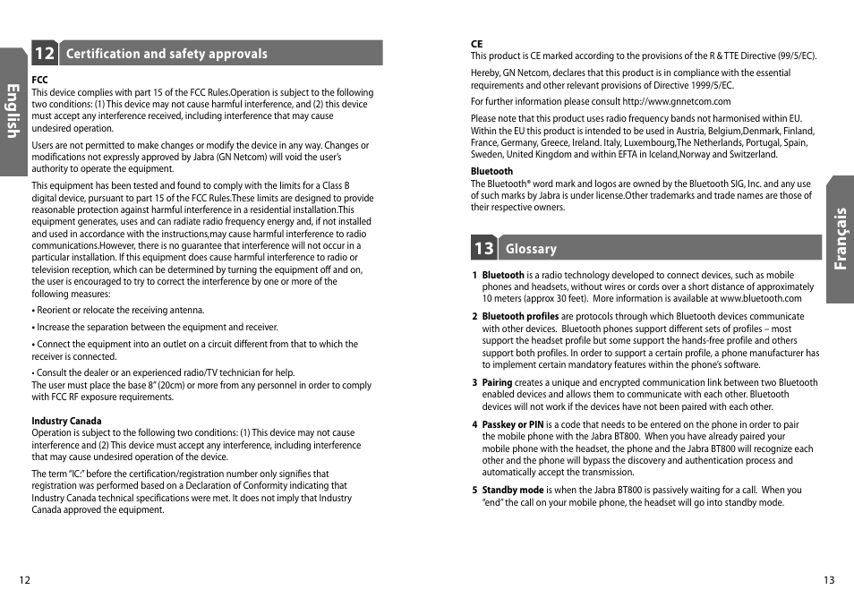 Fr an ça is, En g lis h | Jabra BT800 User Manual | Page 8 / 23