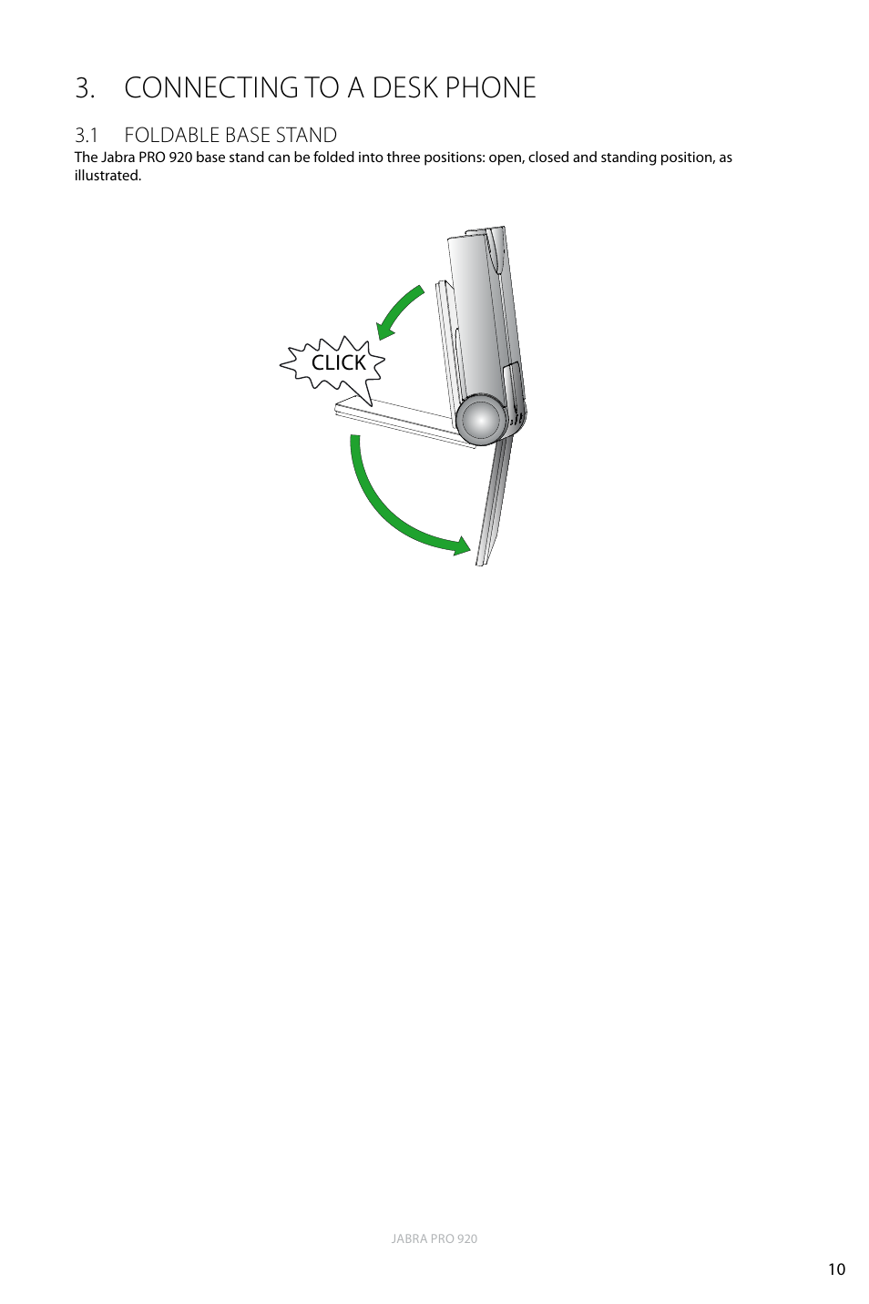 Connecting to a desk phone, 1 foldable base stand | Jabra PRO 920 User Manual | Page 10 / 25