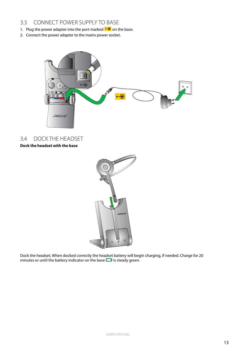 3 connect power supply to base, 4 dock the headset, English | Jabra PRO 920 User Manual | Page 12 / 25