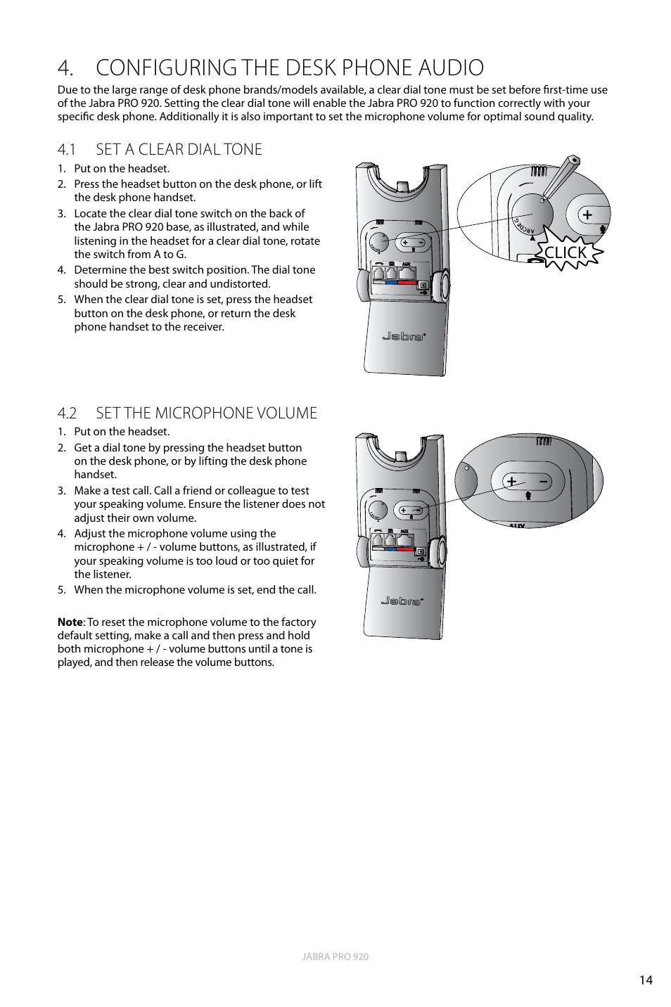 Configuring the desk phone audio, 1 set a clear dial tone, 2 set the microphone volume | English, Click 4.2 set the microphone volume | Jabra PRO 920 User Manual | Page 13 / 25