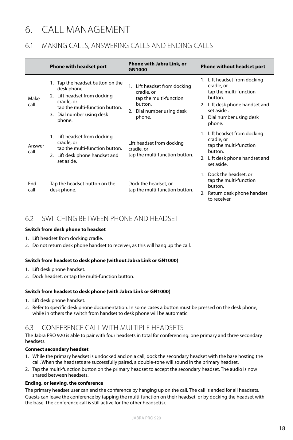 Call management, 1 making calls, answering calls and ending calls, 2 switching between phone and headset | 3 conference call with multiple headsets, English | Jabra PRO 920 User Manual | Page 17 / 25